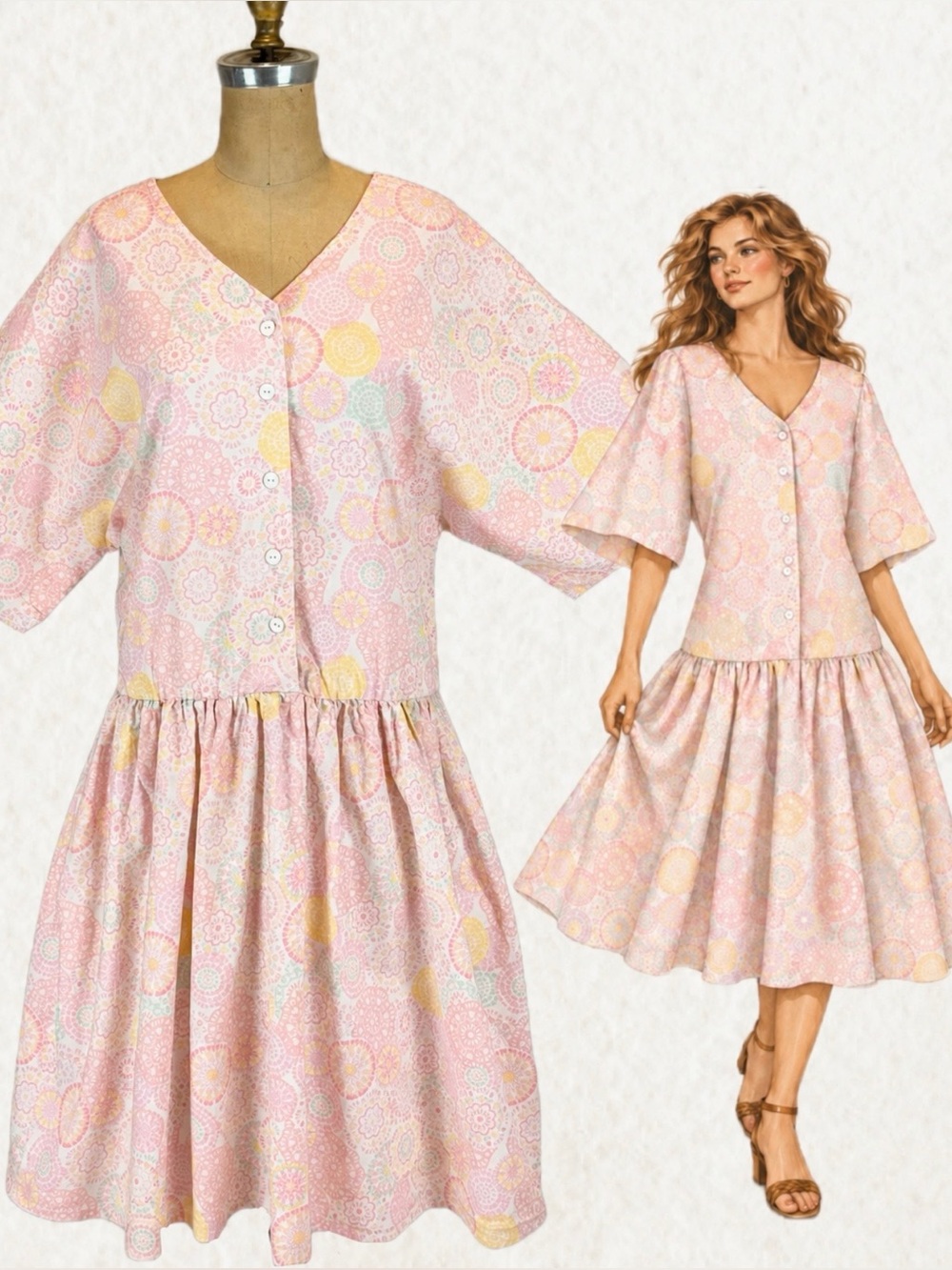 VINTAGE 80s pastel cotton candy pink dress drop waist dolman sleeve pockets midi